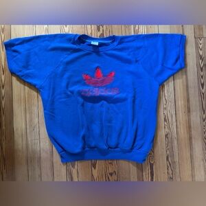 Vintage Adidas Trefoil Short Sleeve Sweatshirt Blue Red Embroidered Logo Men’s L
